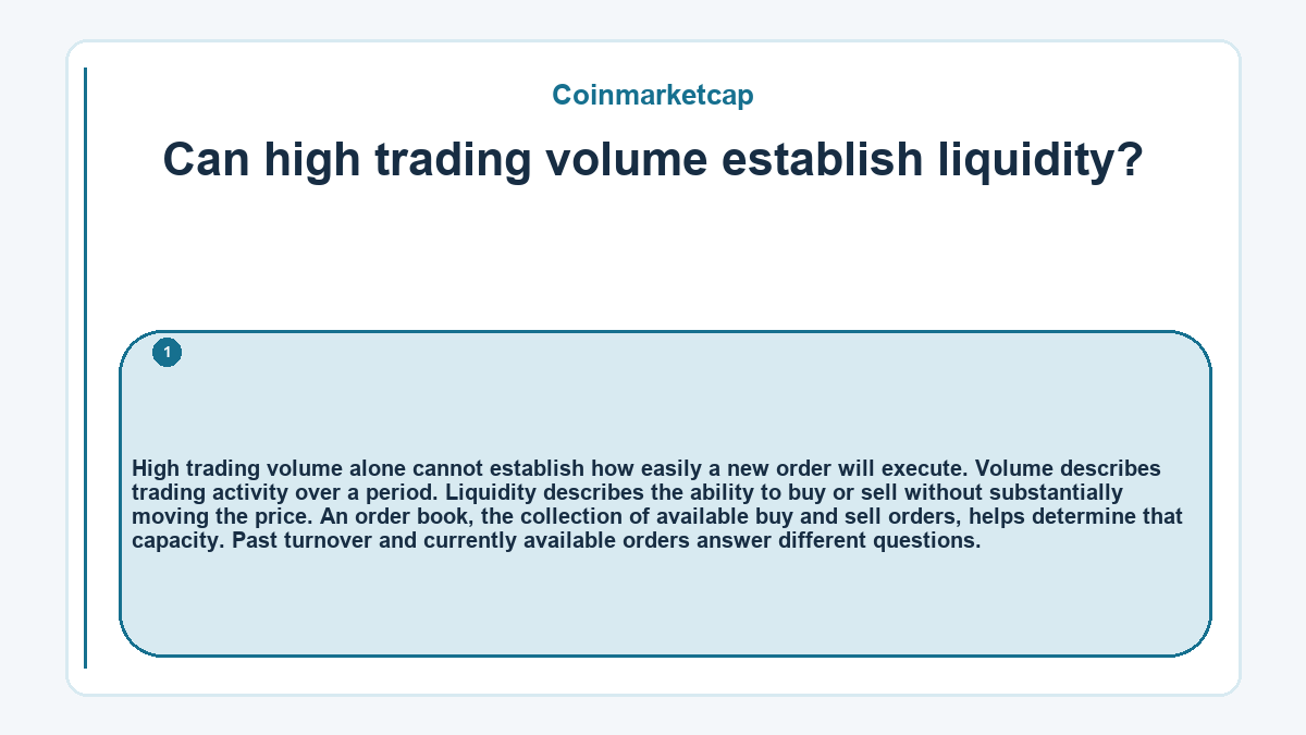 Can high trading volume establish liquidity?: High trading volume alone cannot establish how easily a new order will execute. Volume describes trading activity over a period. Liquidity describes the ability to buy or sell without substantially moving the price. An order book, the collection of available buy and sell orders, helps determine that capacity. Past turnover and currently available orders answer different questions.